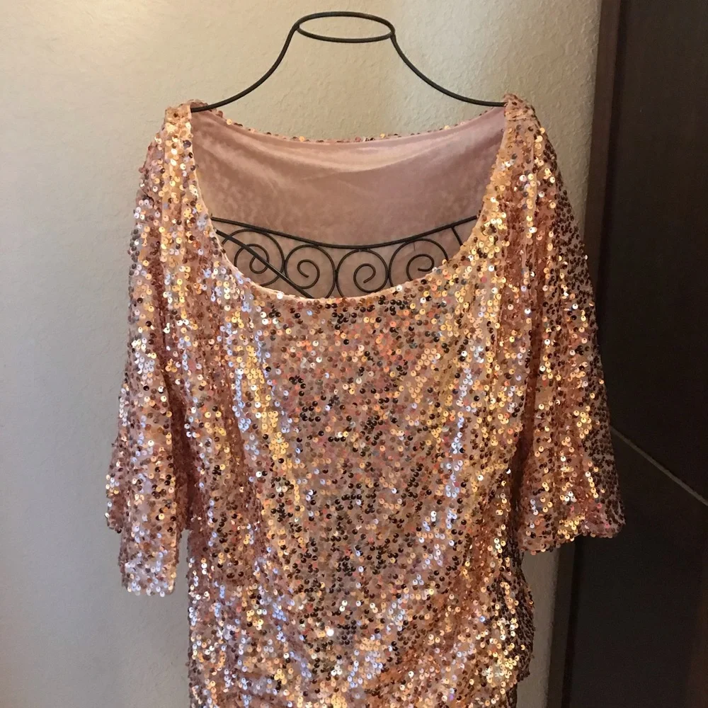 Rose Gold Sequin Women's Blouse - Sparkle Boatneck Top